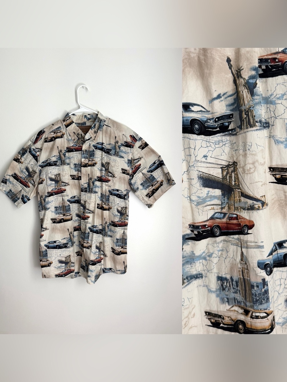 Men’s Classic Car And NYC Landmark Theme Button Down Shirt Size XL